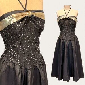 VINTAGE 80s starry night formal prom dress midi‎ strapless halter metallic gold